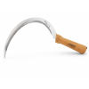 grass hook with hardwood handle and toothed carbon steel blade.