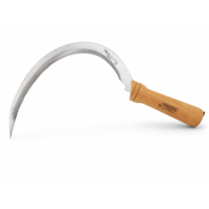 grass hook with hardwood handle and toothed carbon steel blade.