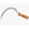 grass hook with hardwood handle and toothed carbon steel blade.