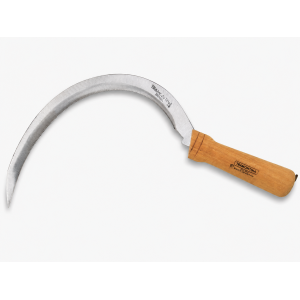 grass hook with hardwood handle and toothed carbon steel blade.
