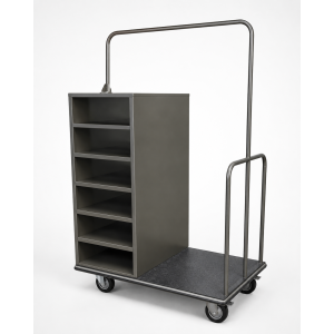 housekeeping trolley with multi drawers and hanging rail.