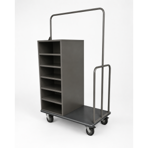 housekeeping trolley with multi drawers and hanging rail.