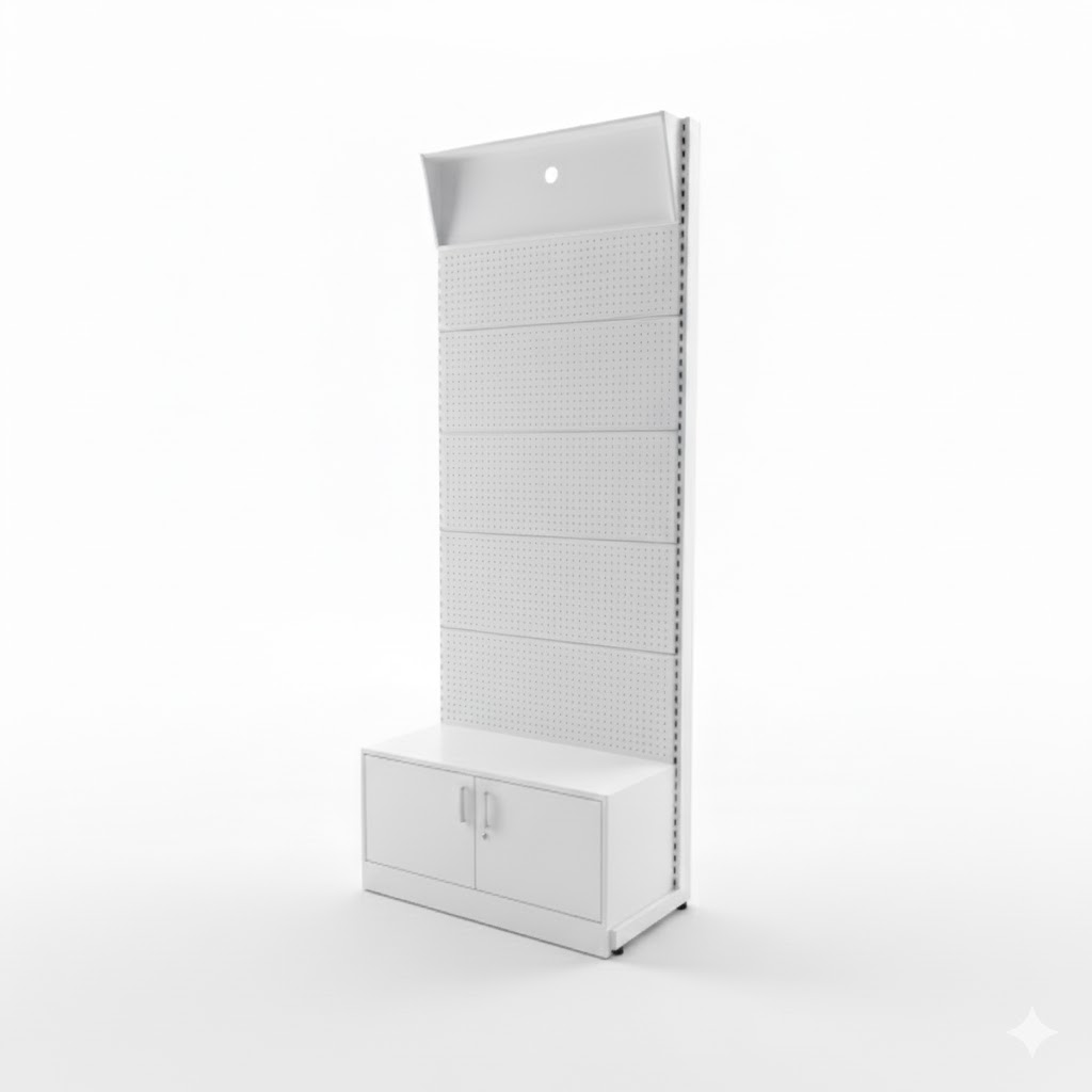 shelving with peg board and bottom cabinet