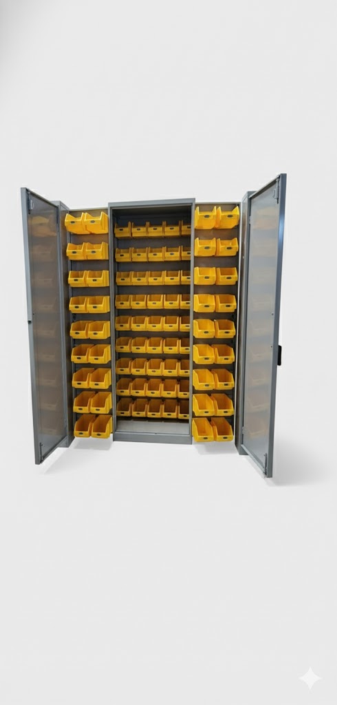 small parts storage cabinet with 72 bins.